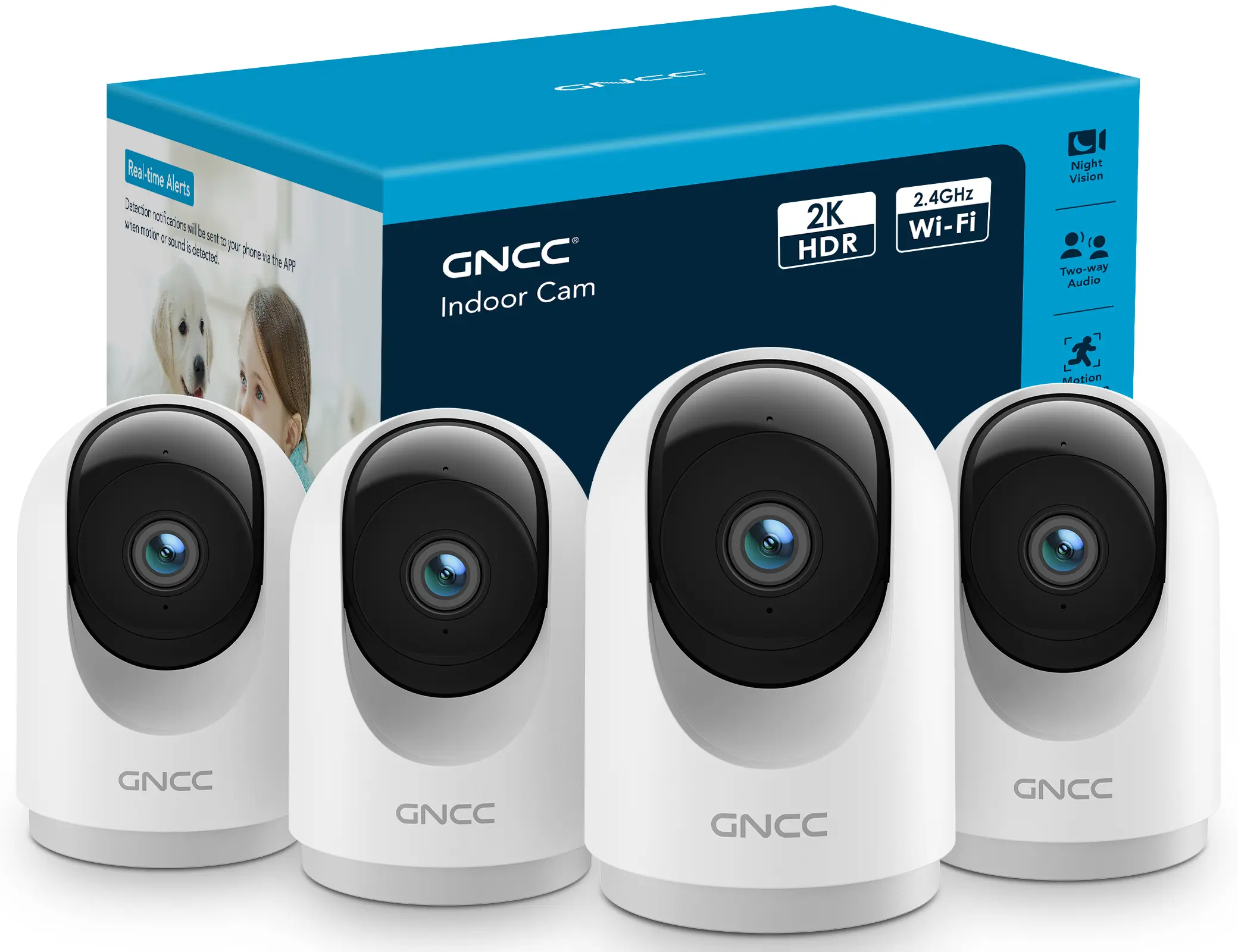 GNCC 2K 360° Indoor WiFi Security Camera, Wired Baby & Pet Monitor with Night Vision, 2-Way Audio, Motion Detection, Works with Alexa & Google Home, 2.4G WiFi, Cloud & SD Card Storage