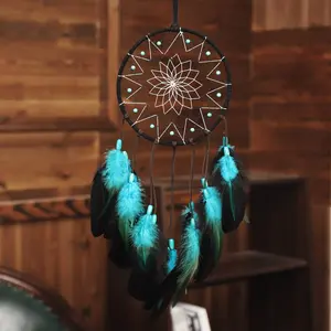 Dream Catchers Luminous and Blue Feather Handmade Native Wall Decoration Decor Boho Moon Dream Catcher Wall Decor Turquoise Hanging Ornament for Living Room