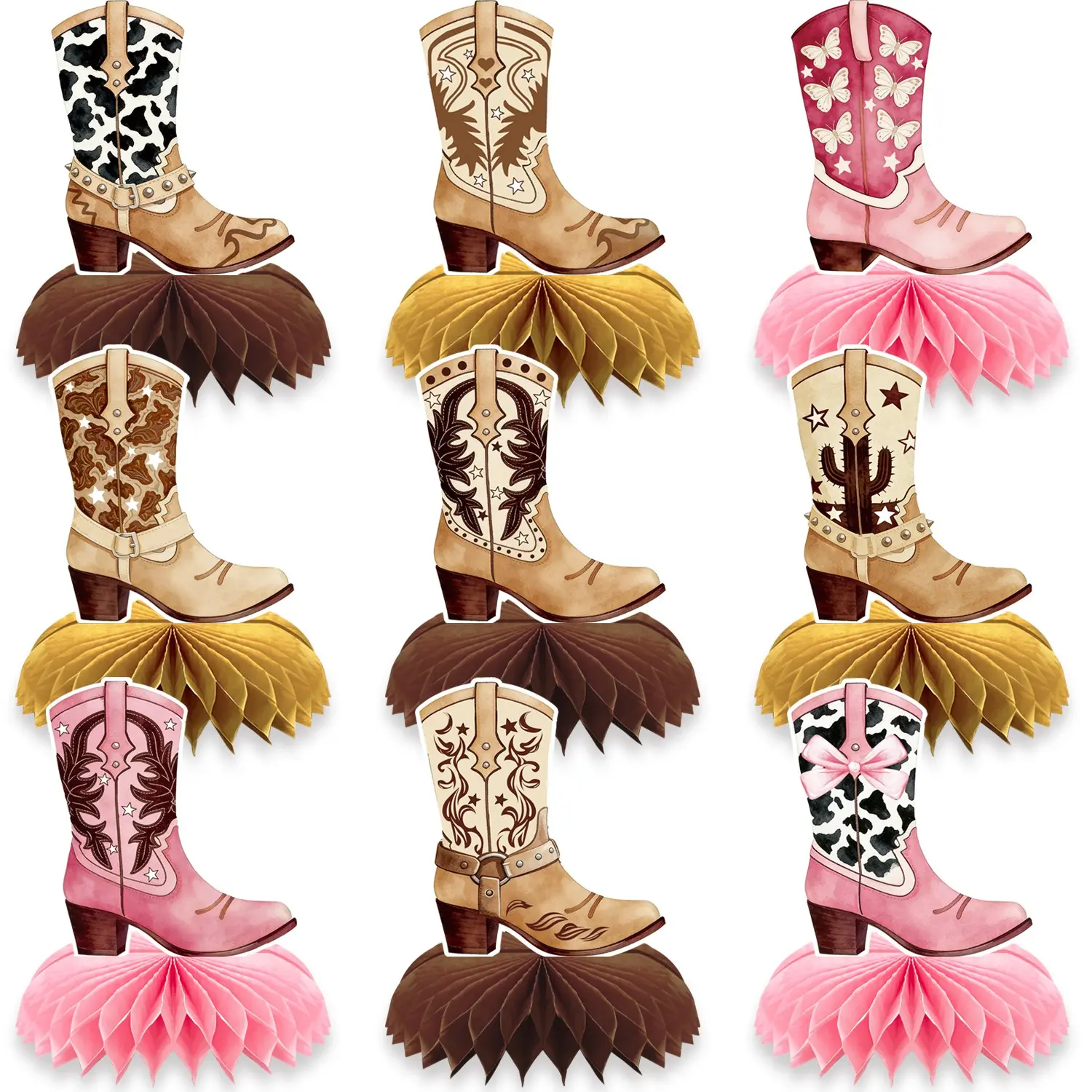9pcs Western Cowboy Boot Honeycomb Centerpieces, Cowgirl Theme Party Decorations, Pink and Brown Paper Table Toppers, Retro Cowboy Boots Dessert Table Decor for Birthday, Bachelorette Party, Baby Shower, Rodeo Party Supplies, Party Decor Design