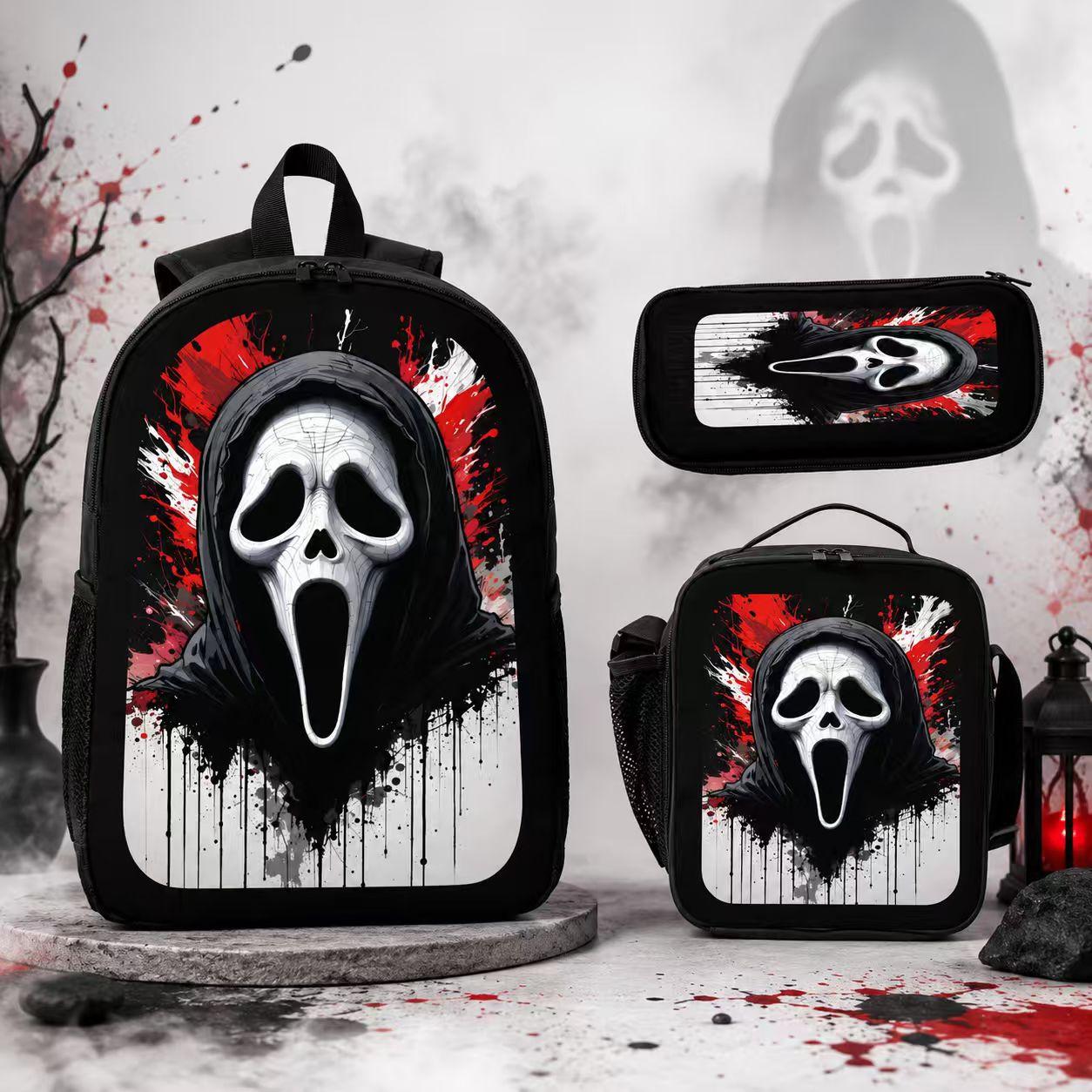 Teens' 3-Piece Scary Look Multi-Set - Comfortable Lightweight Horror Aesthetic Youth Backpack with Lunch Bag, Pencil Case, Laptop Compartment, School Backpacks