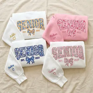 FAUX EMBROIDERY PRINT Senior 2027 Custom Embroidered Sweatshirt, Custom Name on Sleeve Senior Crewneck Sweatshirt, Class of 2027 (Leave a note)