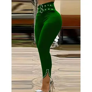 Women’s Elegant High-Waisted Slim-Fit Pants with Stylish Eyelet Detailing and Rhinestone Accents, Versatile Red Long Trousers for All Seasons – Polyester, Machine Washable, Ladies Pants Fabric Women’s Bottom Chic Red?? Basic Minimalist