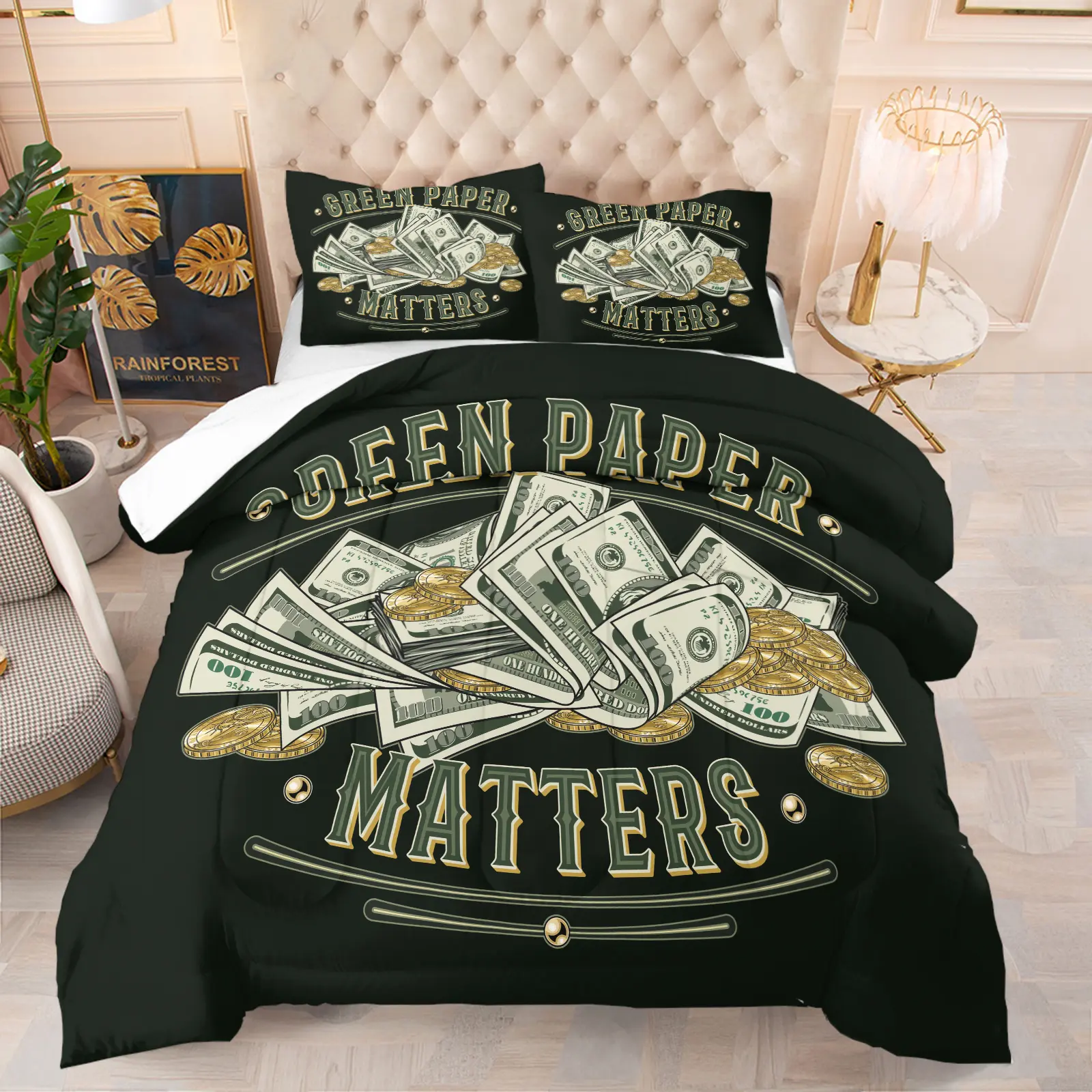 "Money Rules" Themed Decorative Printed Bedding Set — A Fun Comforter & Pillowcase Set Featuring Dollar Bill and Coin Prints; Vintage-Style Bedroom Decor, Breathable & Skin-Friendly (1 Quilt+ 1 or 2 Pillowcases) Bed Sets