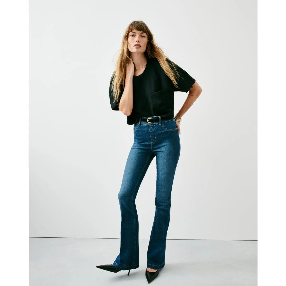 Women's High-Rise Pull-On Flare Jeans - Cotton Stretch Denim Bottom with Tummy Shaping Compression Fit, Hip
