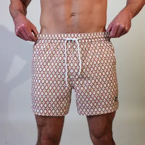 Jetties Echo Caramel Men's Athletic Swim Shorts – No Mesh Liner | Brown & White Circles
