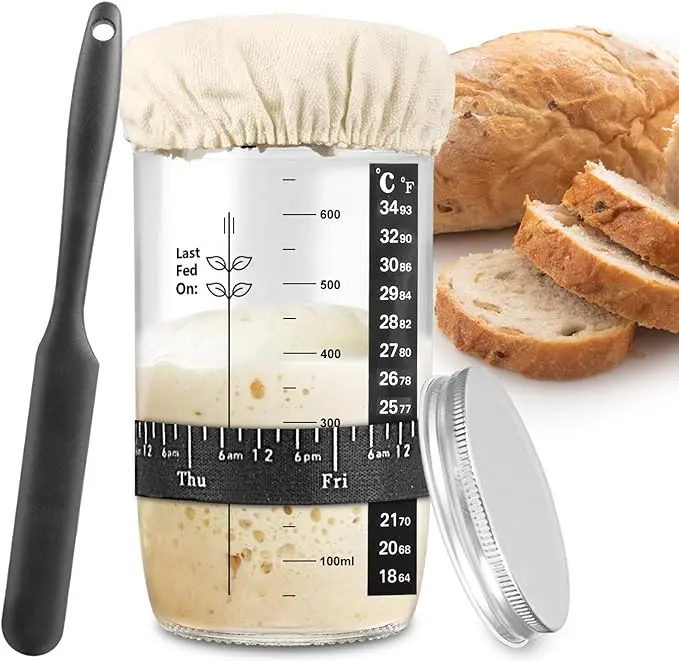 Stylish Sourdough Starter Jar, Reusable Sourdough Starter Jar with Feeding Mark Band, Scraper, Breathable Cloth Cover ,Home Baking, Bakeware Utensils