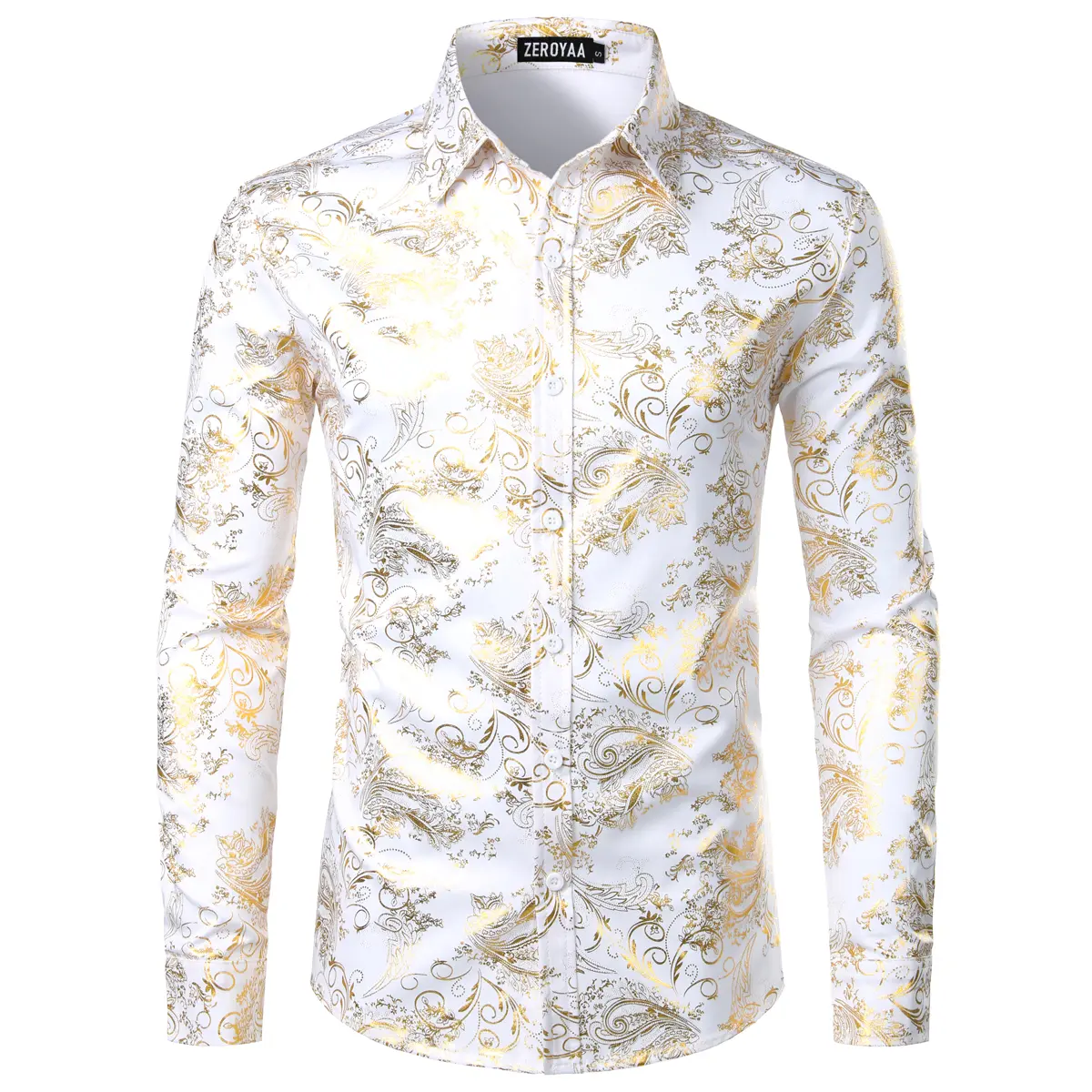 ZEROYAA Men's Luxury Paisley Dress Shirt Shiny Floral Printed Button Down Shirts for Party Prom Casual Elegant Father's Day Gift for Boyfriend Dad Gifts Black People Menswear Fabric Long Sleeve Top Vneck