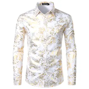 ZEROYAA Men's Luxury Paisley Dress Shirt Shiny Floral Printed Button Down Shirts for Party Prom Casual Elegant Father's Day Gift for Boyfriend Dad Gifts Black People Menswear Fabric Long Sleeve Top Vneck