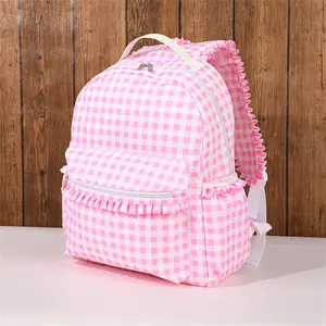 Ruffle Plaid Backpack Girl Pink/Blue Nylon for Women Outdoor Travel Weekend Book Schoolbags Back to School Gifts for Kids DANCURKEY