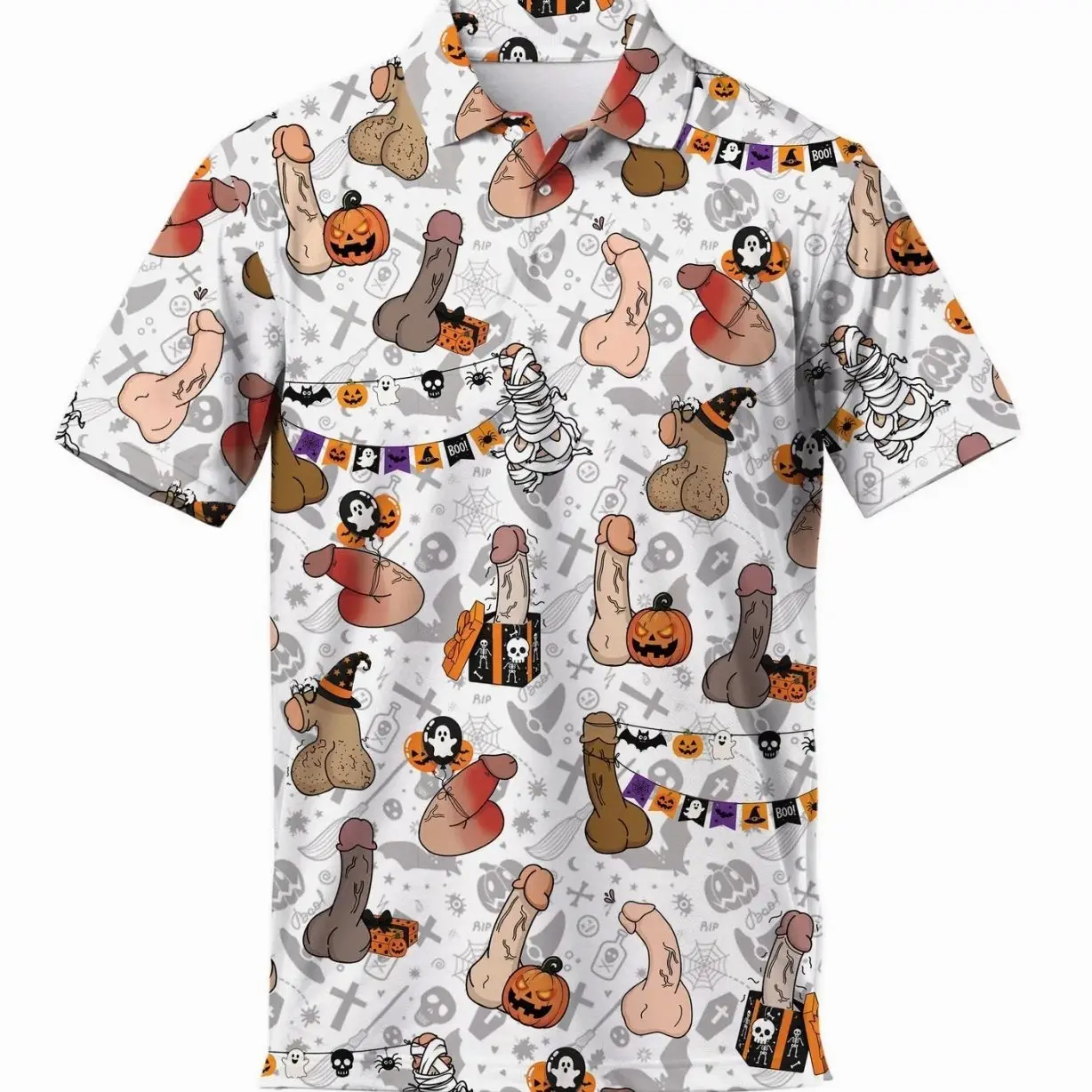 Funny Adult Halloween Hawaiian Shirt, Cheeky Costume Print Aloha Top, Risqué Party Shirt for Spooky Season