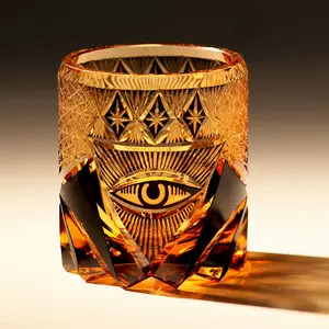 JP-014 Handcrafts Heavy Edo Kiriko's Whiskey GlassTumbler Black Amber With Hand Engraved God's Eye Design In Gift Box Amber And Black / Height:90 mm Top diameter:80 mm / Color cased Glass