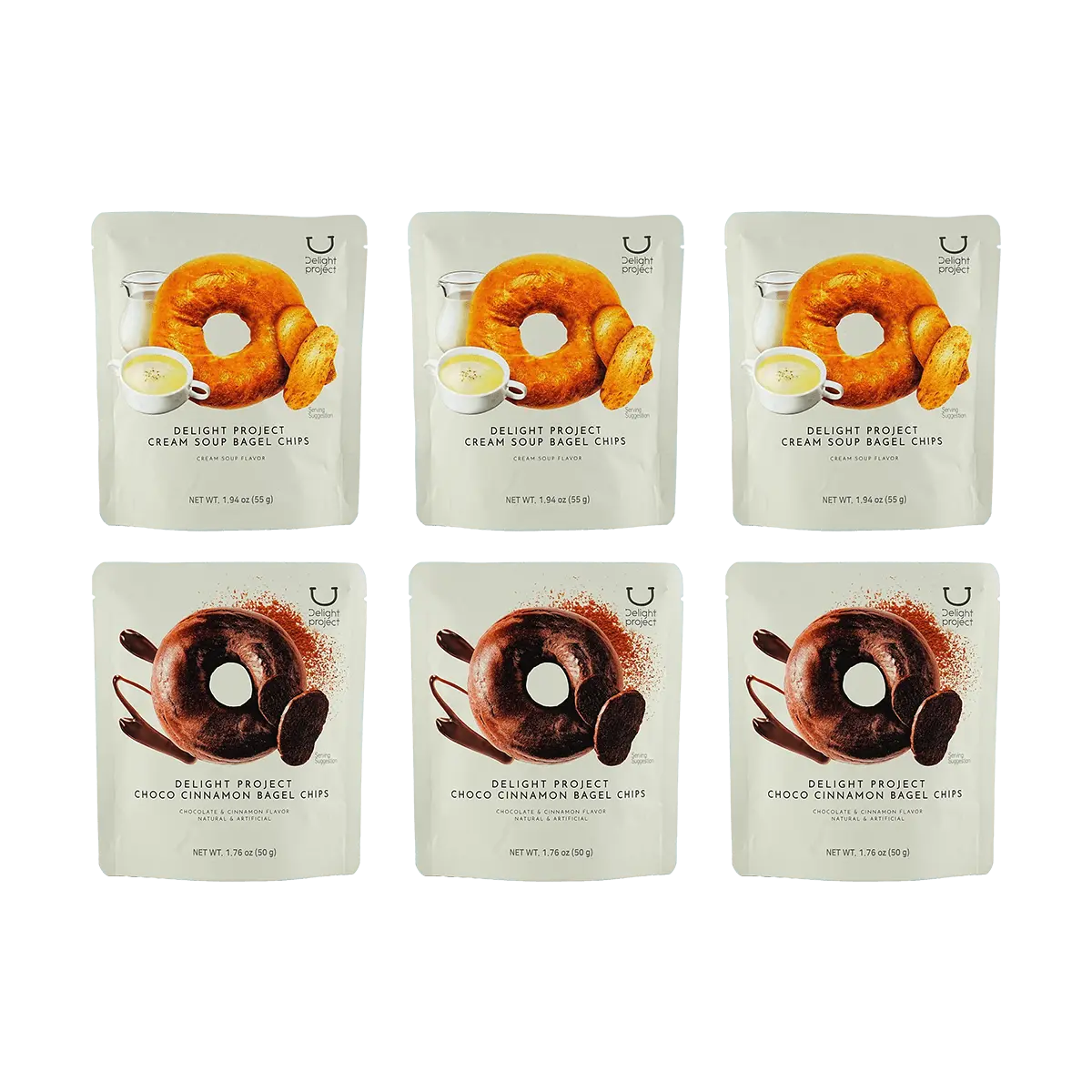 DELIGHT PROJECT Korean Cream Soup Bagel Chips 6-Pack Combo - 3x Original Cream Soup & 3x Chocolate Cinnamon Flavors, 55g Each - Crunchy Snack, Online