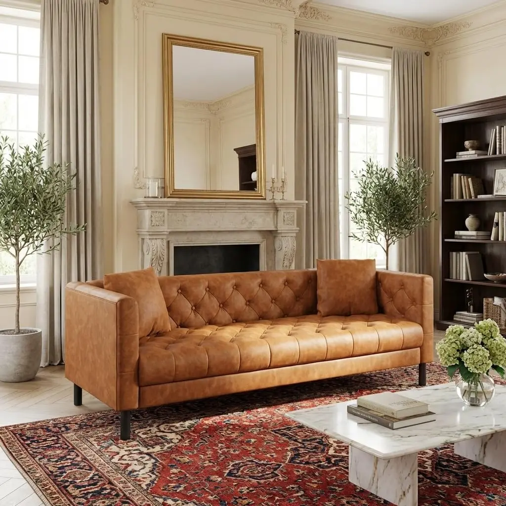 Garvee Mid Century Modern Chesterfield Style 81 Inch Leather Sofa with Deep 26" Seats and Button Tufted Upholstery, Includes 2 Pillows, Perfect for Living Room, Apartment, or Office in Orange