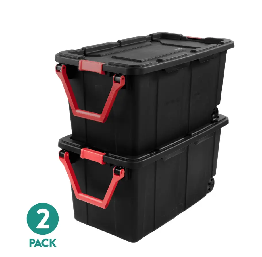 2-Pack Extra-Large Wheeled Industrial Storage Bins, 40 Gal Durable Plastic Totes with Latching Lids and Pull Handles, Black