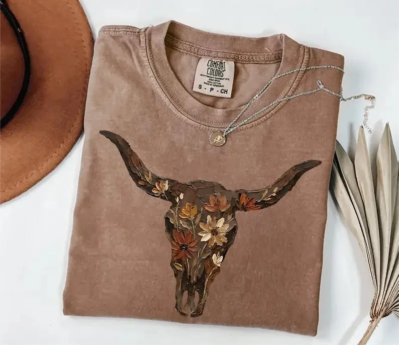Comfort Boho Cow Skull Shirt, Western Graphic Tee, Bull Skull Shirt,Cowgirl Tshirt, Cowboy Shirt,Country Girl Shirt,Western Clothing