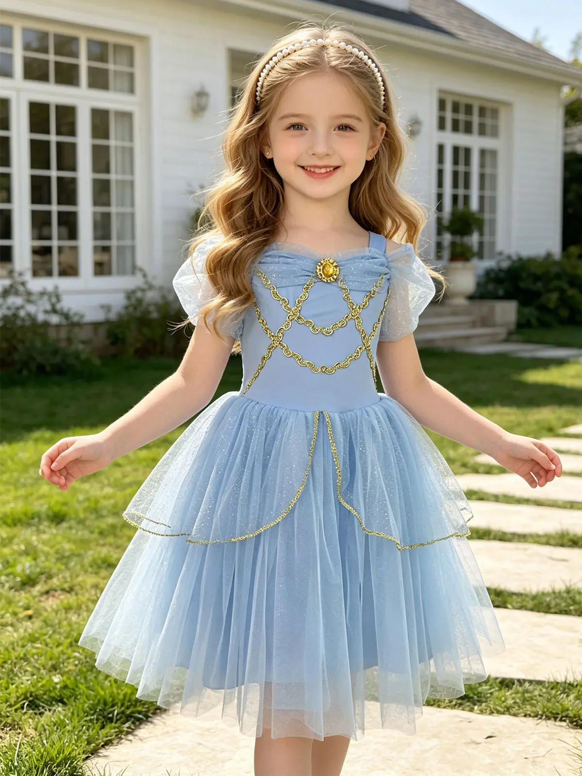 Girls' Cinderella Princess Gown - Off-Shoulder Puff Sleeve, Gold Trim, Glitter Tulle Costume Dress for Toddlers, Kids' Party & Birthday Wear, Multiple Colors Available