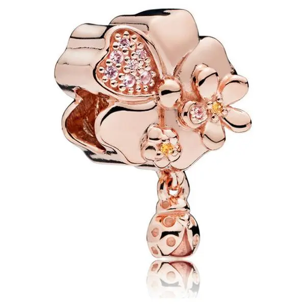 PANDORA Flower and ladybug charm in PANDORA Rose with 8 bead-set rose pink crystals 787026NPR