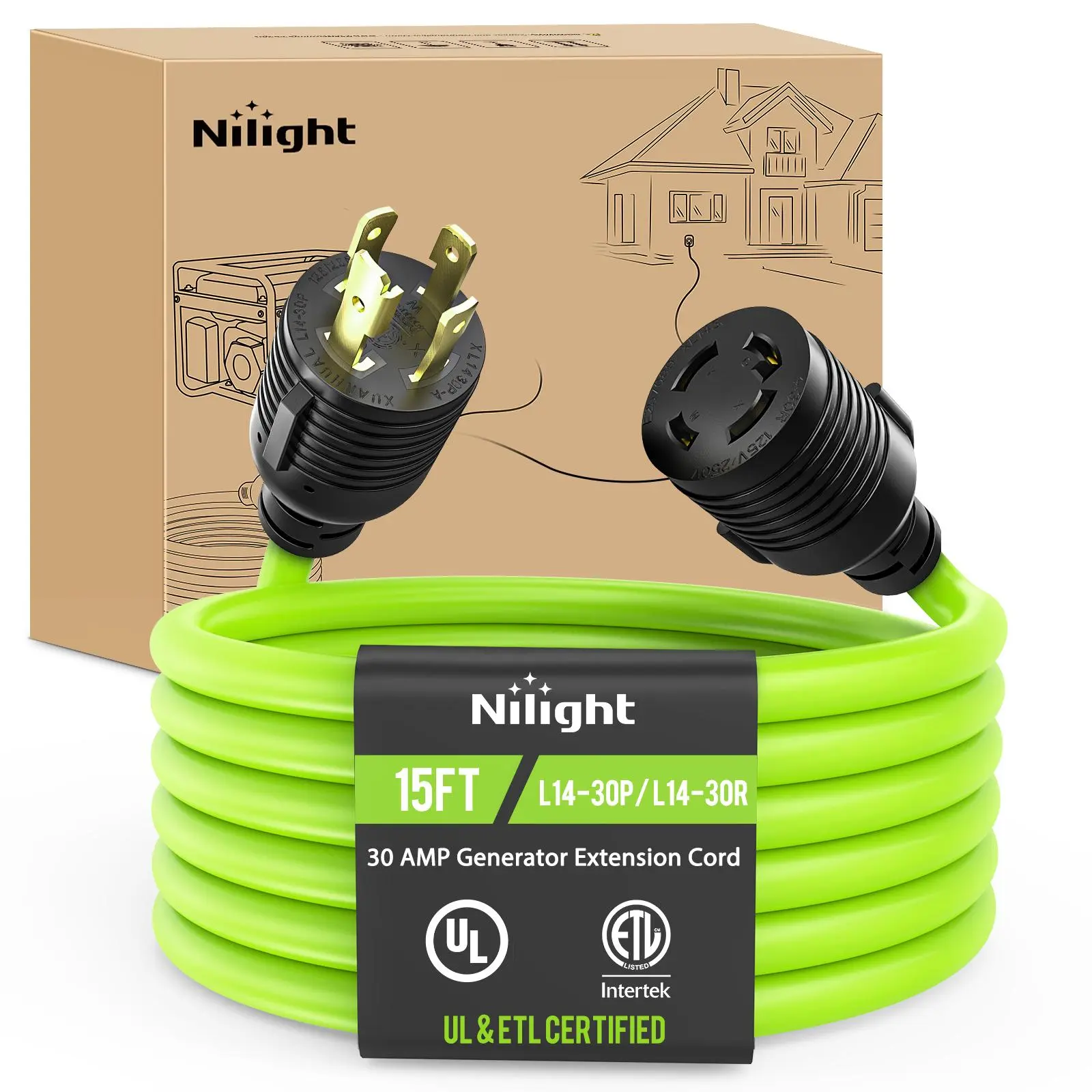 Nilight 30A 4-Prong Twist Lock Generator Extension Cord, 15FT 125V 3750W 10/3 Gauge Pure Copper STW Wire, UL ETL Listed, Bright Green, Flexible Weatherproof, Easy Store Adjustable Organizer, for Outdoor RV Trailer Houses Use, 30Amp 4Prong Twist,