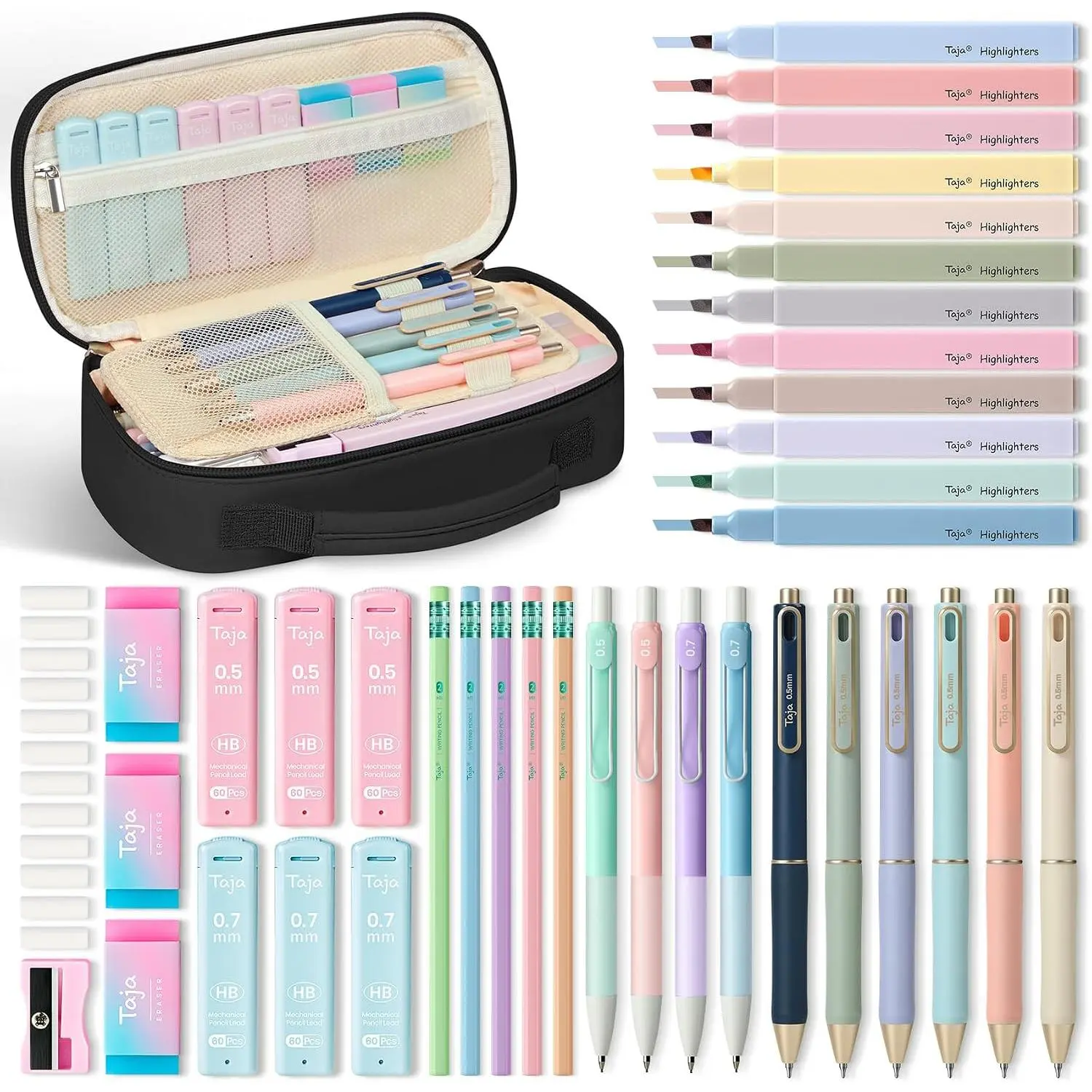 Taja 39 PCS Aesthetic Stationery Set with Cute Pencil Case, 6 Black Ink Gel Pens, 12 Pastel Highlighters, 5#2 HB Pencils, 4 Mechanical Pencils, Back to School Supplies for Students - Black