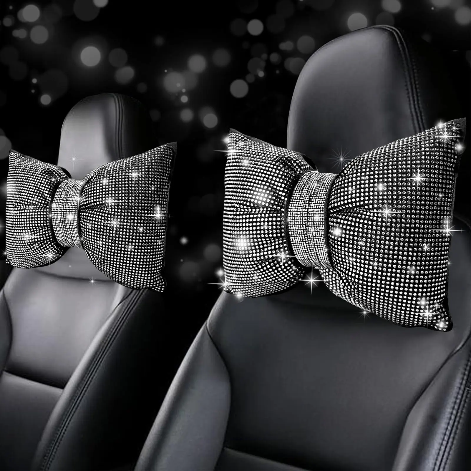 NBTEPEM 2 PCS Bling Bowknot Car Headrest Pillow, Rhinestone Car Neck Pillows for Driving, Bling Interior Accessories for Women Comfortable Neck Support Pillow