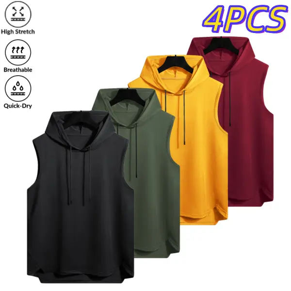 Men’s four-pack sleeveless hooded tank tops, minimalist sporty style, highly elastic, breathable, quick-drying, drawstring hood, curved hem; versatile for gym, commuting, and home wear. Gym Shirt Gym Outfit Tee Gym Tees Gym Exercise Activewear