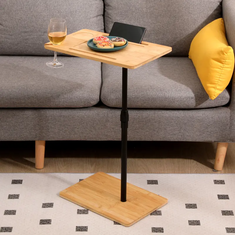 Bamboo Couch Tray Table Height Adjustable C-Shaped End Table with Slots 2 Tier Sofa Side Table for Living Room & Bedroom (Rectangle + Rectangle) adjustable work table