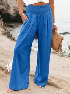 New Spring Summer European Style Women's Casual Pants, Retro Vintage Wide Leg Long Pants, Elastic Waist, Solid Pattern, Natural Waist, Womenswear