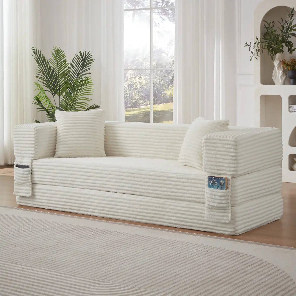 78.7" Boneless Folding Sofa Couch with Pull Out Bed, Convertible Floor Sleeper Couch with Storage Pocket, Comfy 3-Seat Oversized Cloud Loveseat Couches for Living Room Guest Room Apartment (White)