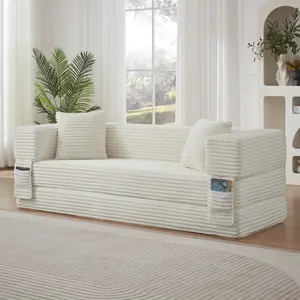 78.7" Boneless Folding Sofa Couch with Pull Out Bed, Convertible Floor Sleeper Couch with Storage Pocket, Comfy 3-Seat Oversized Cloud Loveseat Couches for Living Room Guest Room Apartment (White)
