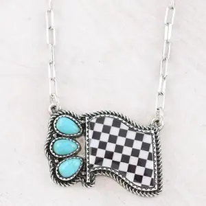 Western Checkered Race Flag Pendant Necklace 18" Chain 1.5" x 1" Pendant Turquoise Bead Accents Safe Lead Nickel Compliant Lobster Claw Closure