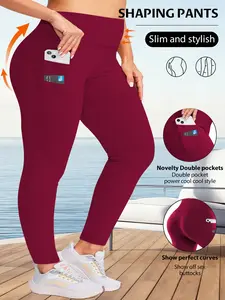 Plus Size Women High Waist Solid Color Tight Pants, Side Pockets, Casual Yoga Pants, Outdoor Activities, Gym Workout Wear, Athleisure Fitness Leggings