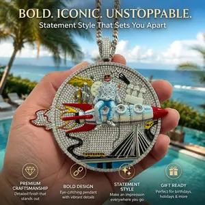 Massive Palm-Sized Iced Out Rocket Journey Enamel Pendant, 3D Colorful Hollywood Cityscape Medallion, Heavyweight Hip Hop Statement Jewelry for Men, Custom Rapper Art Piece