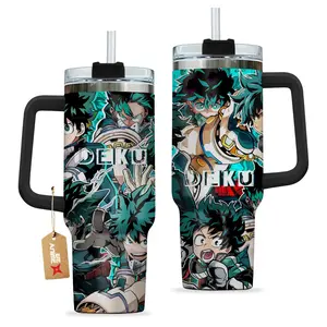 STORMMECH- Deku 40oz Handle Tumbler – MHA Stainless Steel Travel Mug, Anime Inspired Vacuum Insulated Cup, Large Iced Coffee Tumbler, Manga Fighter Drinkware, Otaku Gift for Him Her