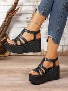 Summer new Open Toe wedge heel thick soled sandals for women, lightweight platform sandals, PU high-heeled sandals, women's plus size fashion shoes, Thick Bottom Shoes, suitable for daily wear