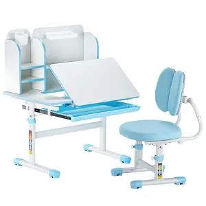 VEVOR Kids Study Chair and Desk Set,  , Study Desk and Chair for Kids with Bookshelf & Storage Drawer, Adjustable Height & 0-40° Tilted Desktop Desk and Chair, Study Table for Bedroom & Study Room, Blue