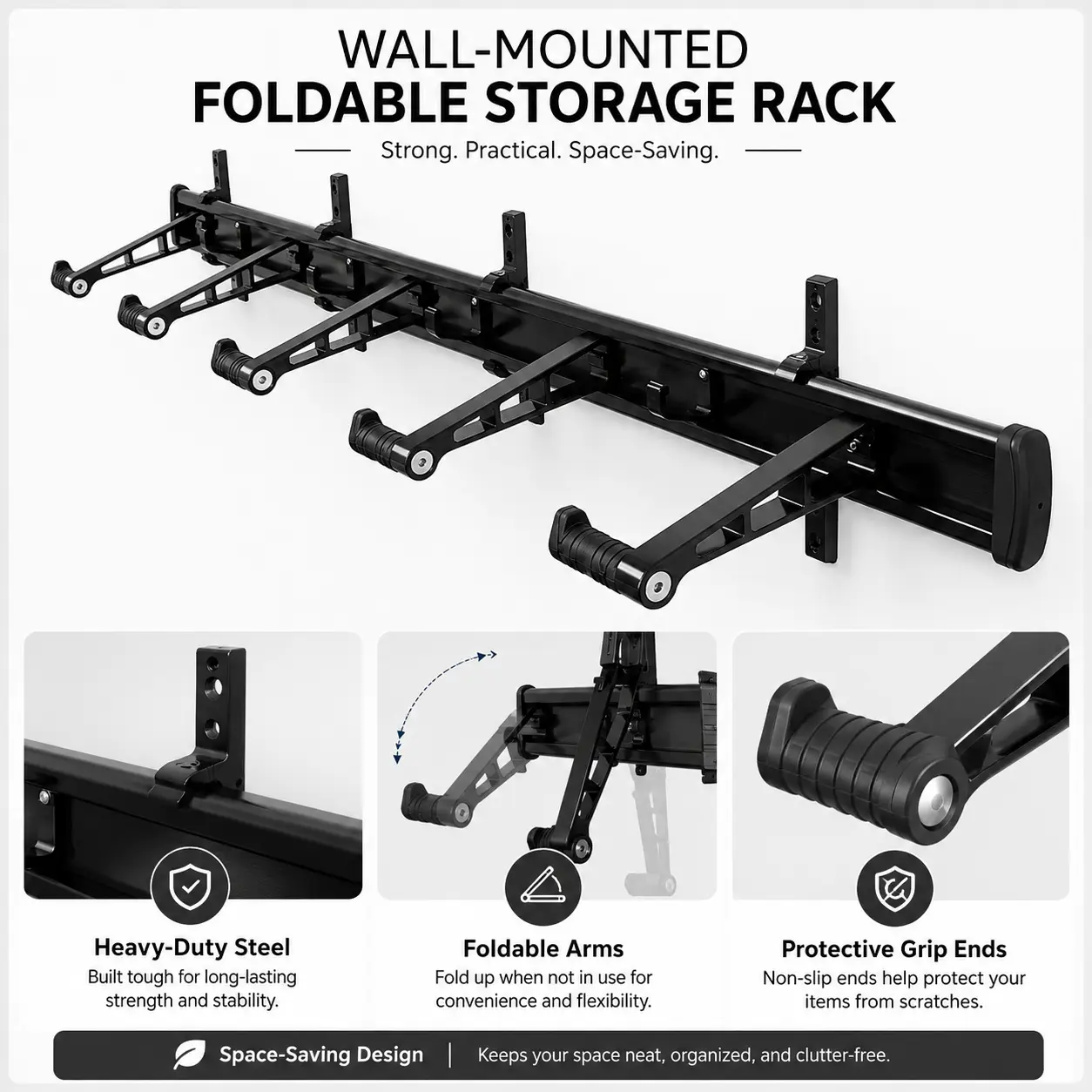 5-Bike Wall Mounted Bicycle Storage Rack, Foldable Heavy Duty Bike Hanger for Garage, Space Saving Bike Wall Mount Rack with Protective Rubber Arms