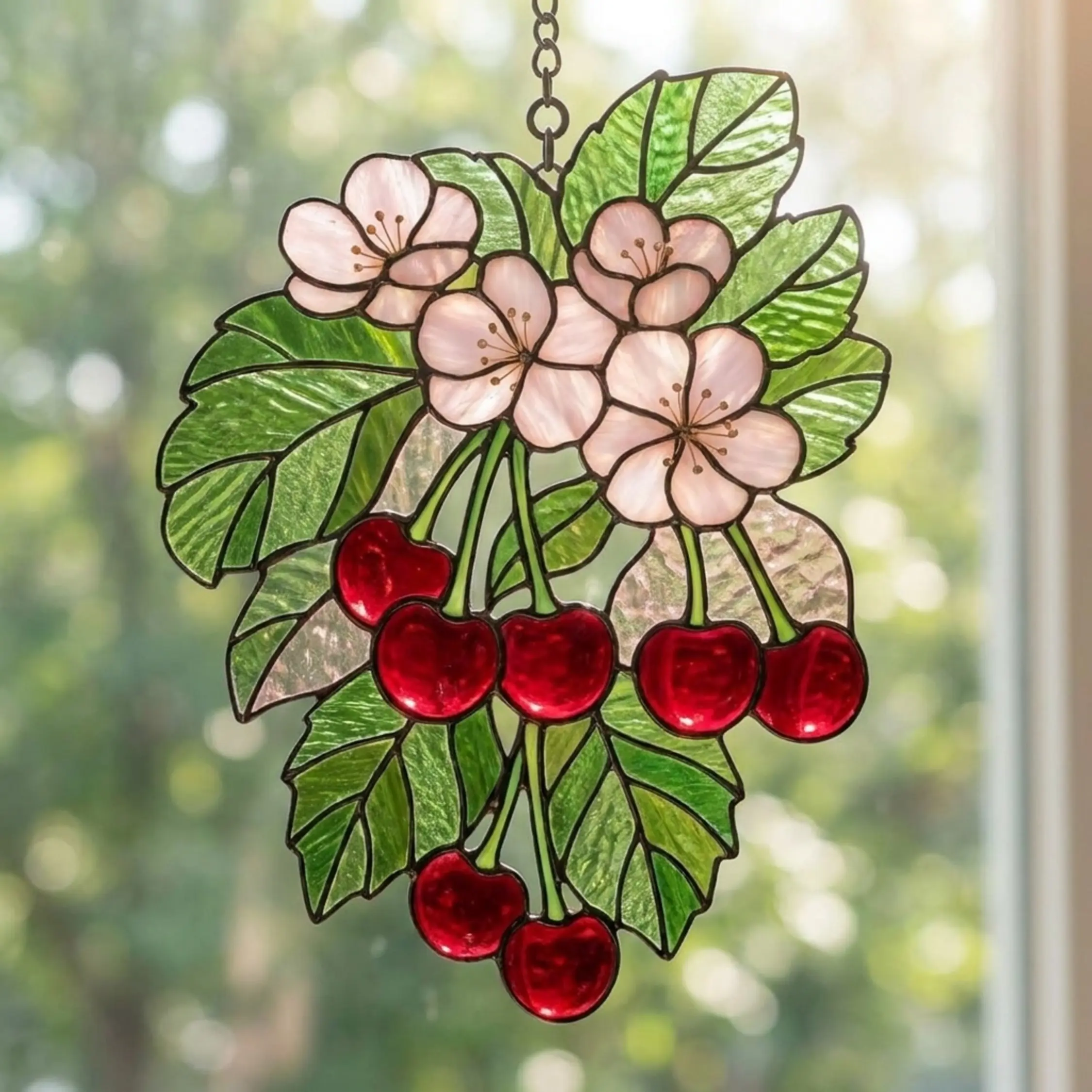 Cherry Blossom Cherry Acrylic Suncatcher, Stained Glass Style Cherry Window Hanging, Sakura Flower Acrylic Ornament, Fruit Kitchen Decor Gift for Garden Lovers