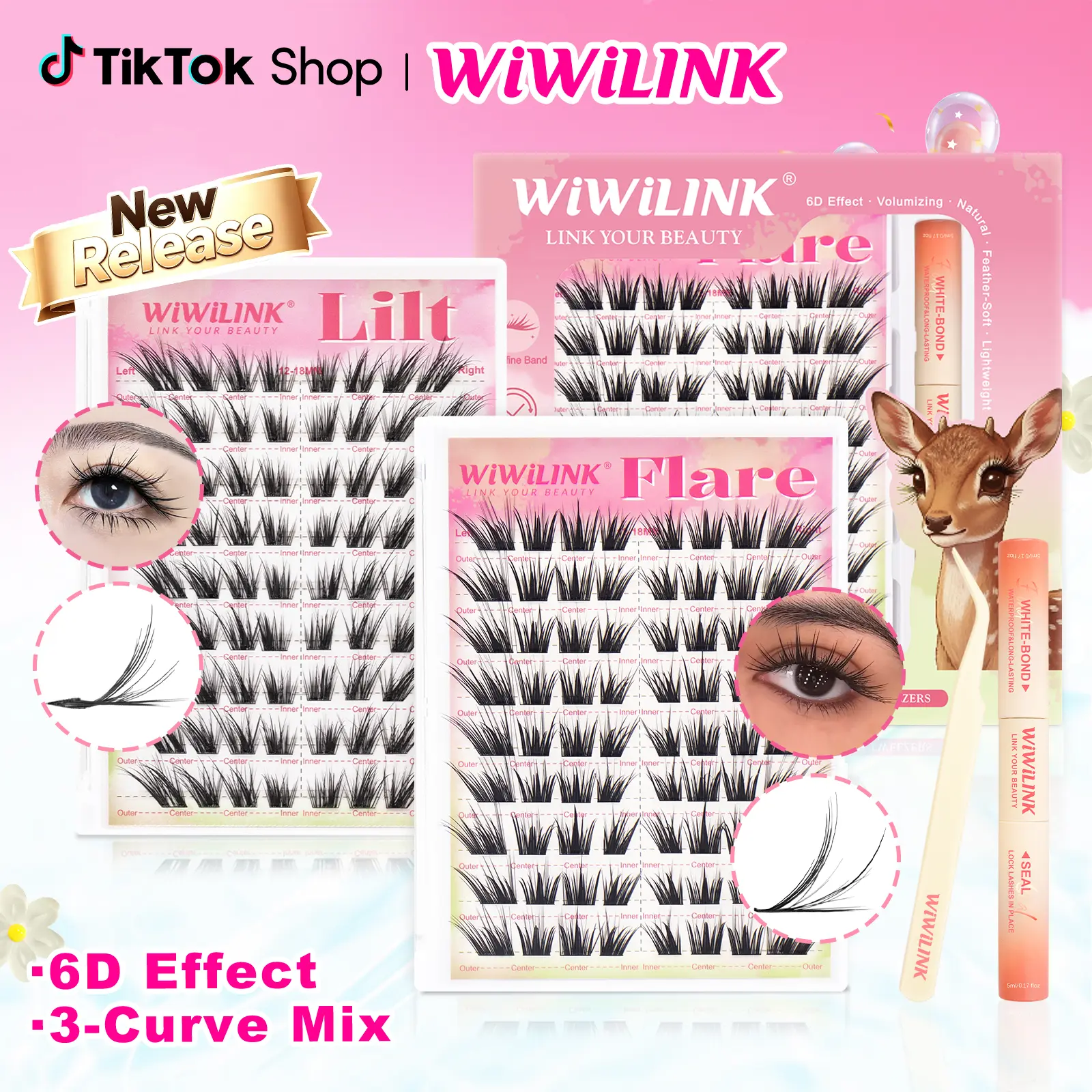 WiWiLINK Flare Lilt 6D Cluster Lashes Kit, LC /LB Curl DIY Lash Extension Set, 12-18mm Mixed Individual Clusters, Soft Thin Band Waterproof Long-Lasting Eyelashes with Lash Bond, Seal & Tweezers, Fluffy Lash Clusters, Lash Cluster, Eyelashes Clusters Kit