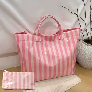 1pc Pink White Striped Waterproof Tote Bag with Matching Cosmetic Pouch, Large Capacity Glossy Handbag Set for Work Travel Beach Daily Use