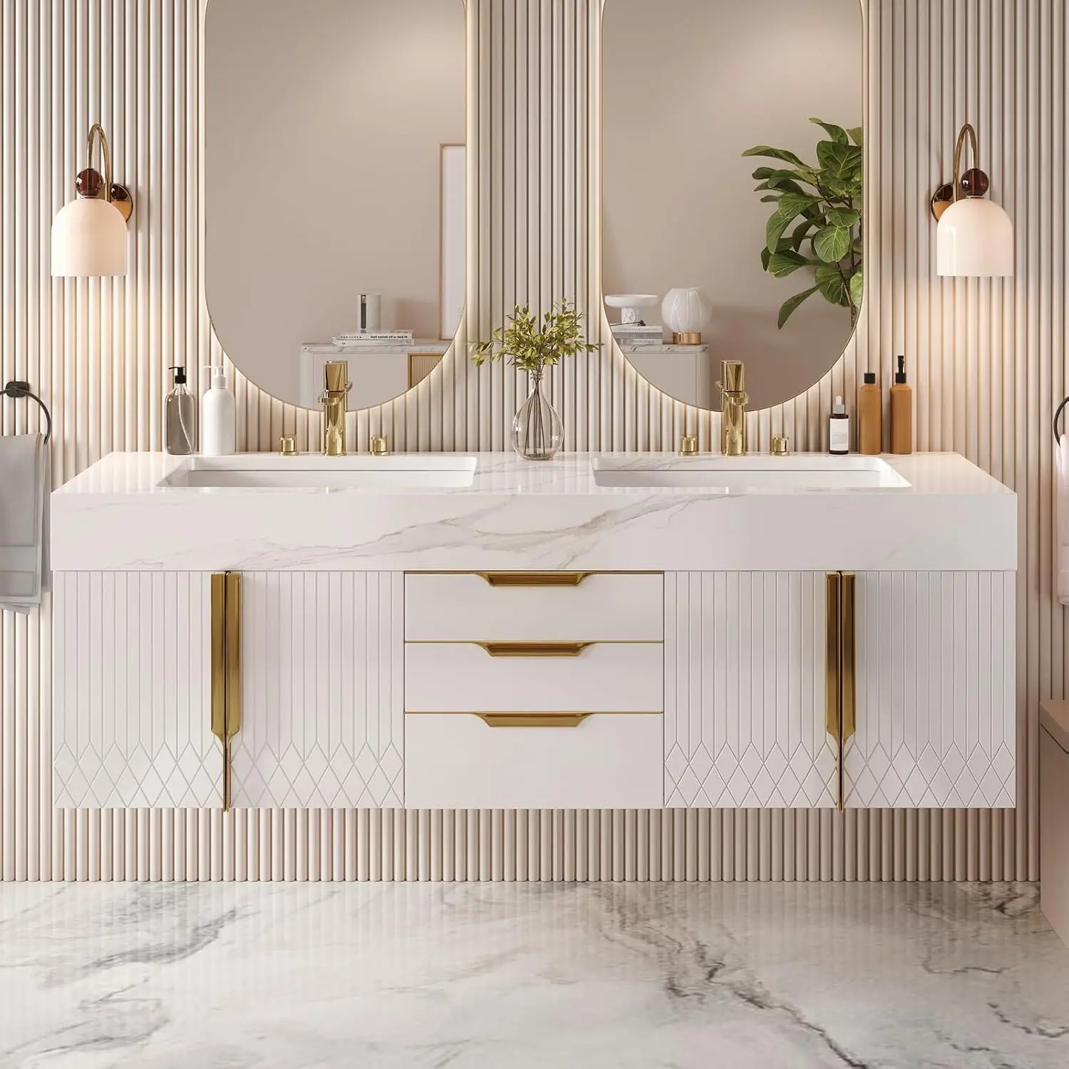 Homary 60 inch Floating Bathroom Vanity with Double Sink, Modern Sintered Stone Top, Ample Storage for Master Bathroom, White