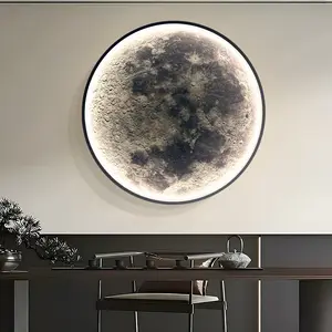 LED Modern Moon Wall Lamp, Black Large Decorative Light, Semi-Recessed Home Decoration Light with Remote Control, Dimmable, Suitable for Living Room, Bedroom, Hallway, Bar, Cafe