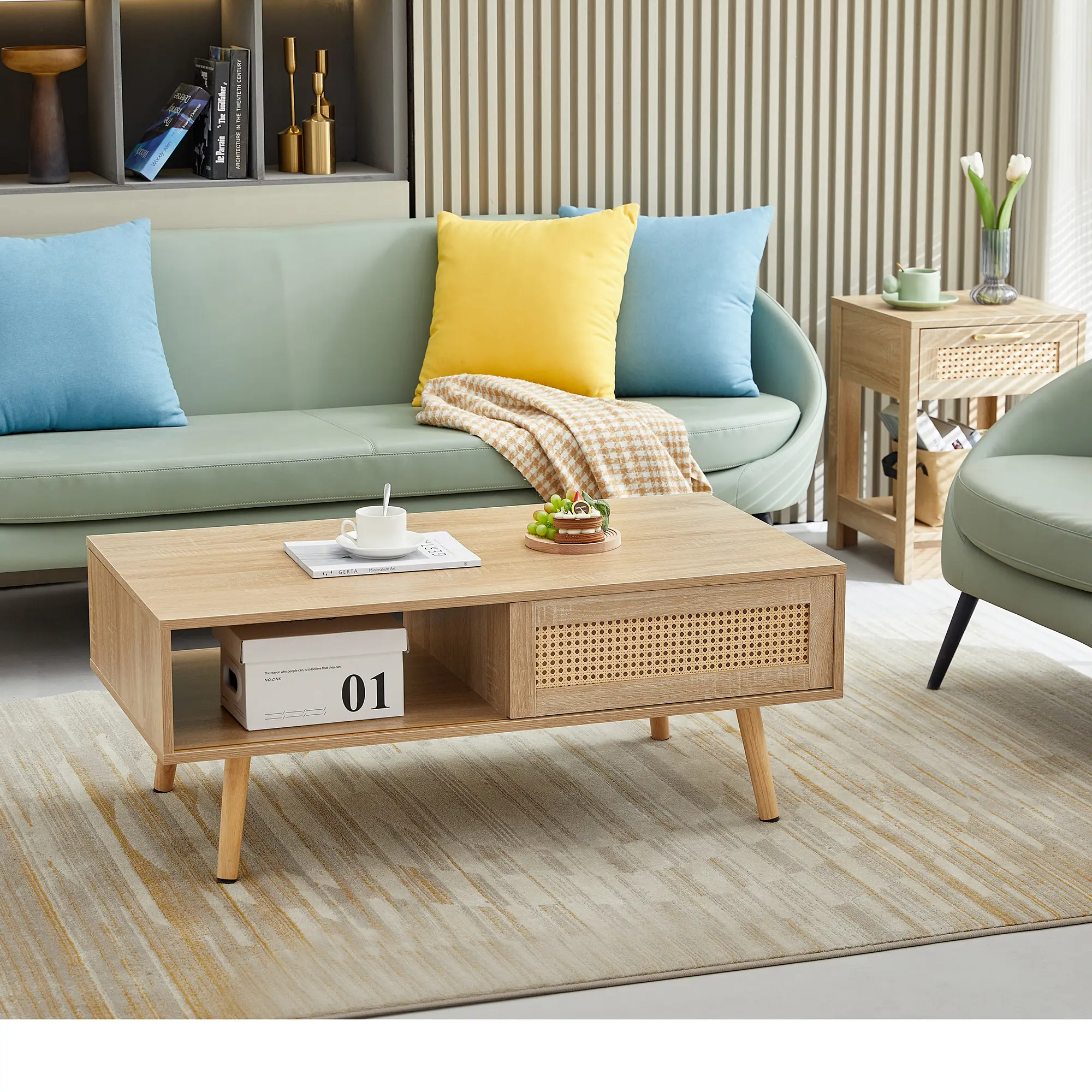 Boho Chic Rattan Coffee Table - 41in L, Waterproof, Abrasion-Resistant, Durable, Sliding Door Storage, Solid Wood Legs, Easy-Clean Surface, Low-Maintenance, Hassle-Free Setup, Versatile and Stable Indoor Furniture for Modern Living Room, Sliding Doors, As