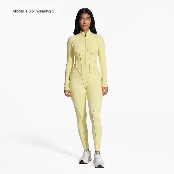 BetterMe Women's Lemon Meringue Fashion Catsuit - Long Sleeve, Open-Back, Neck-to-Ankle, High-Stretch Compression Spandex Activewear with Front Zipper, for Yoga, Pilates, Sports, All Seasons (Cold Wash Only; Do Not Iron/Dry Clean)