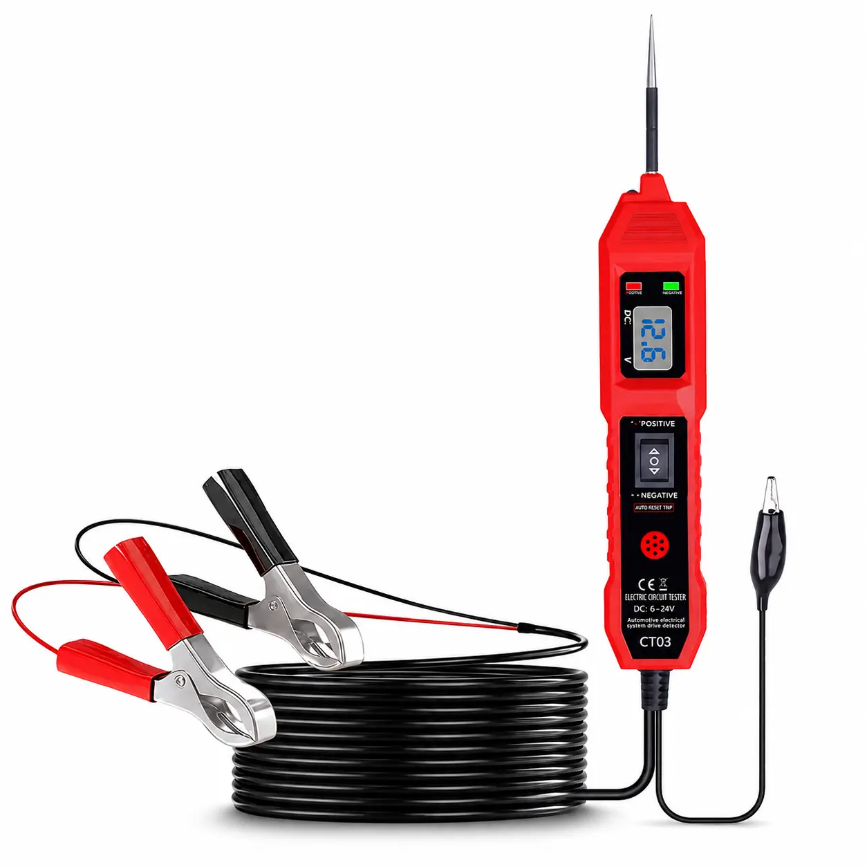 6-24V Automotive Circuit Tester, Digital Voltage Test Light with LCD Display, Positive Negative Polarity Check, Sharp Probe, Battery Clips and Long Cable for Car Motorcycle Truck Electrical Diagnostics sohochic
