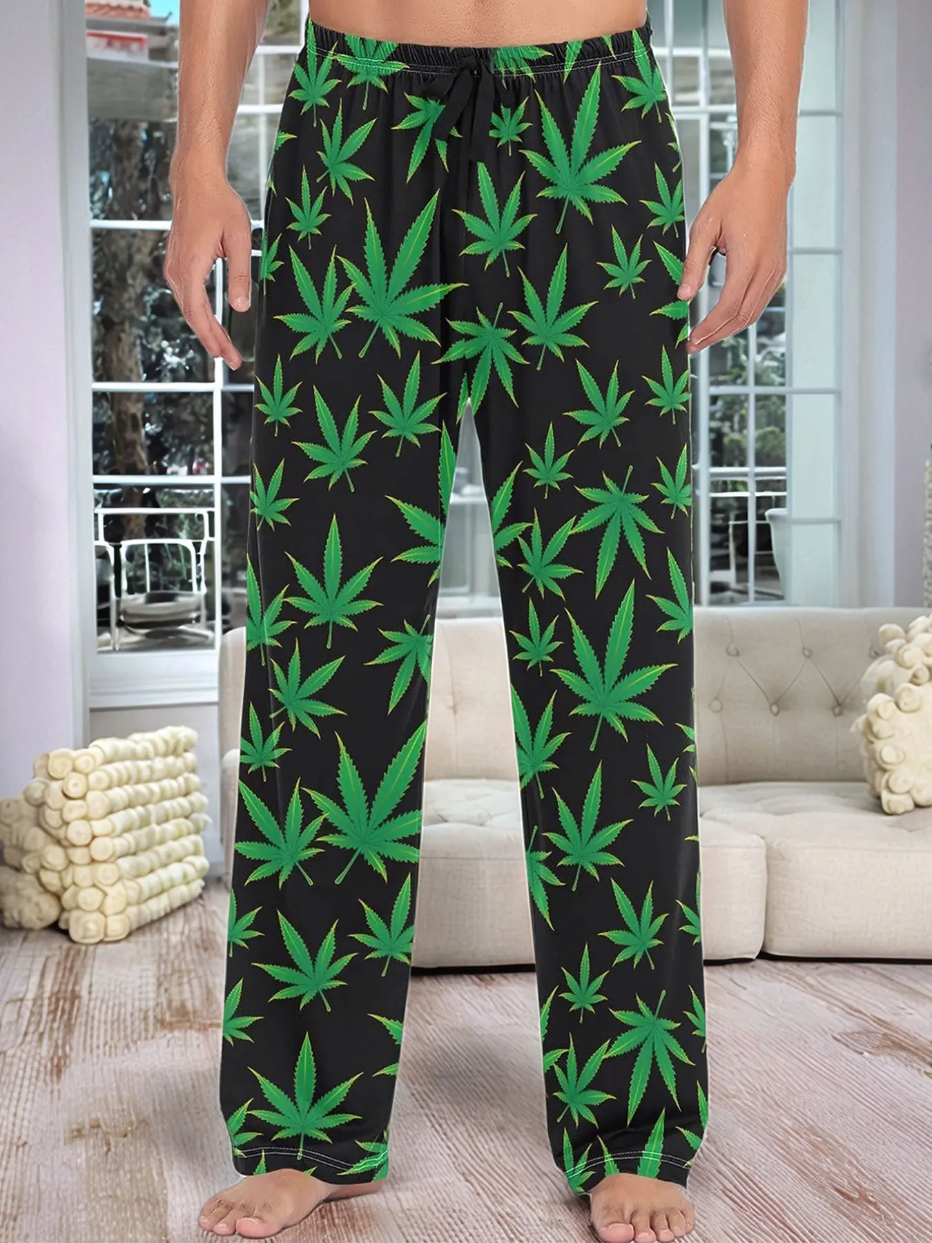 Men's Leaf Print Pajama Pants, Fitted Casual Stylish Homewear Long Sleepwear Bottoms, Faux Drawstring Design, All-Season Comfortable Aesthetic Loungewear Pjs, Menswear