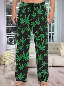 Men's Leaf Print Pajama Pants, Fitted Casual Home Wear Long Sleepwear Bottoms, Faux Drawstring Design, All-Season Comfortable Loungewear Pjs