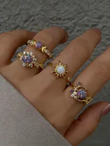 4-Piece Stylish Starry Sky Sun & Moon Ring Set with Opal & Amethyst Gemstones, Open Adjustable, Gold/Silver Plated Stackable Jewelry, Suitable for Women's Daily Wear, Perfect as a Gift for Girlfriends, Valentine's Day Gift