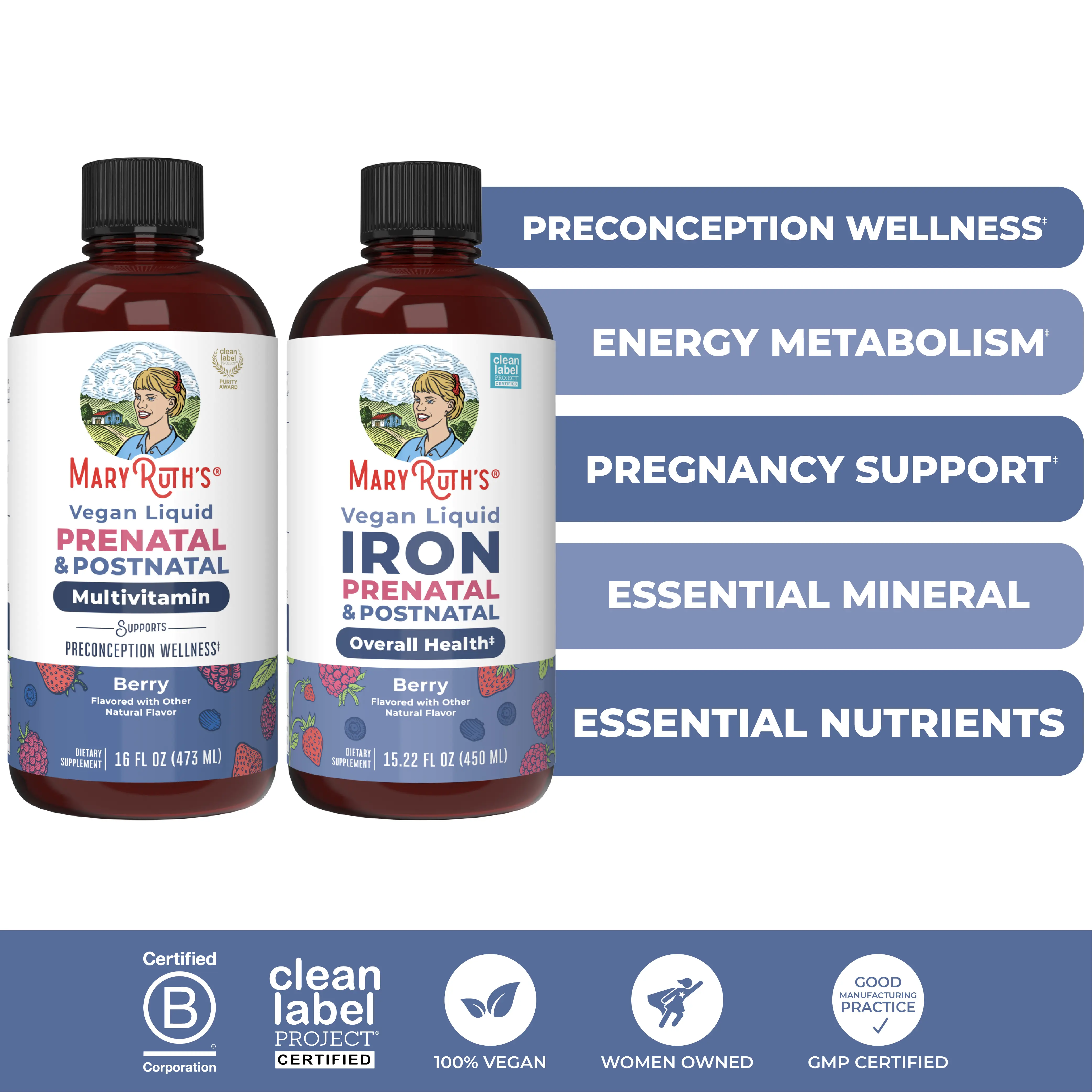 MaryRuth's Prenatal & Postnatal Liquid Multivitamin & Iron Bundle - Prenatal & Postnatal Liquid Multivitamin - Prenatal Postnatal Iron Liquid 15.22 oz - Vegan - Sugar Free