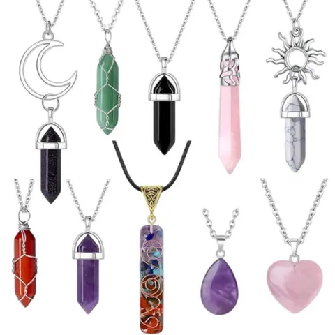 10 Pcs Crystal Pendant Necklace Healing Amethyst Crystals Carnelian Chakra Necklaces Evil Eye Necklace Vintage Hippie Wiccan Boho Rose Quartz Moon Sun Jewelry Heart Gemstone Pendant for Women