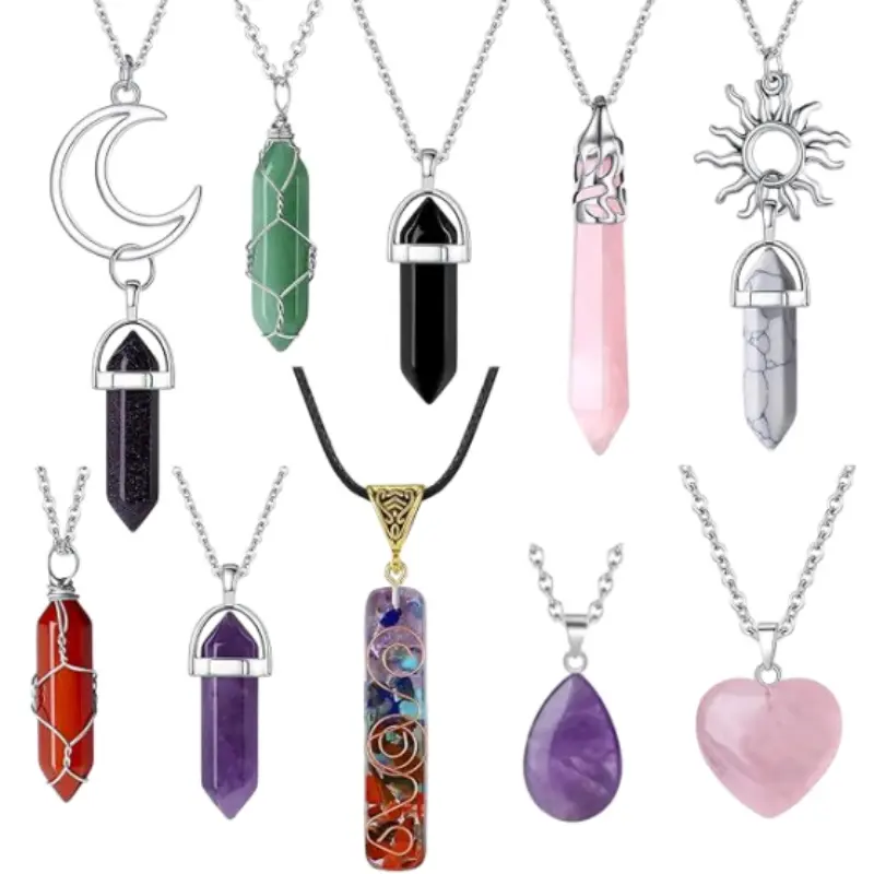 10 Pcs Crystal Necklace Healing Amethyst Crystals Carnelian Chakra Necklaces Evil Eye Necklace Vintage Hippie Wiccan Boho Rose Quartz Moon Sun Jewelry Heart Gemstone Pendant for Women